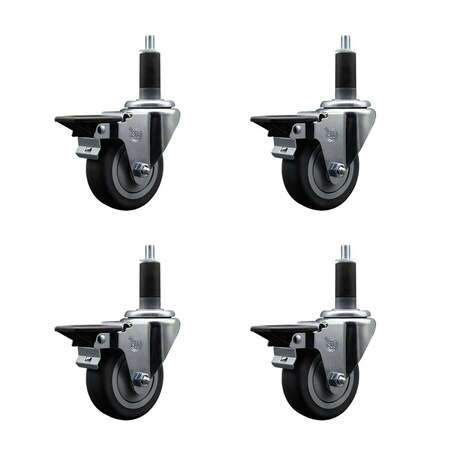 Service Caster 3.5'' Thermoplastic Rubber Swivel 1-1/8'' Expanding Stem Caster Set with Brake, 4PK SCC-EX20S3514-TPRB-PLB-118-4